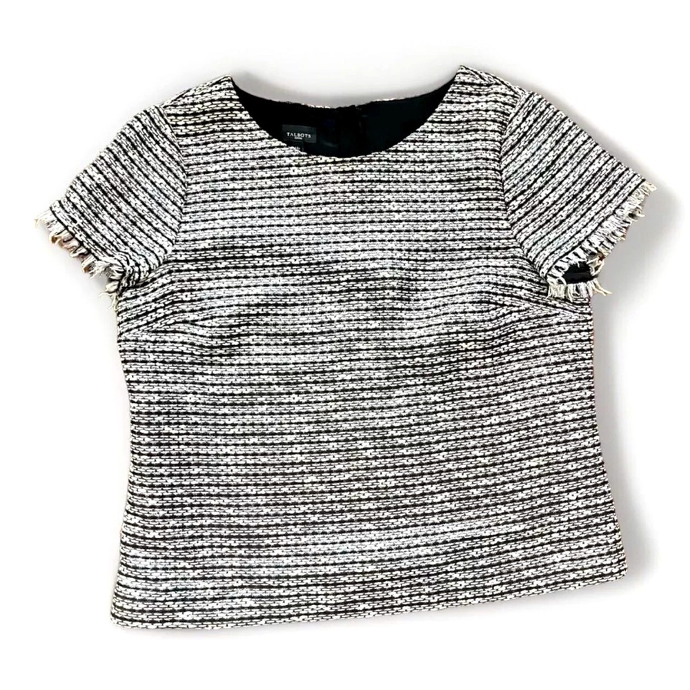 Talbots SIZE 14 Petite Black‎ White Metallic Tweed Short Sleeve Shirt Blouse​​